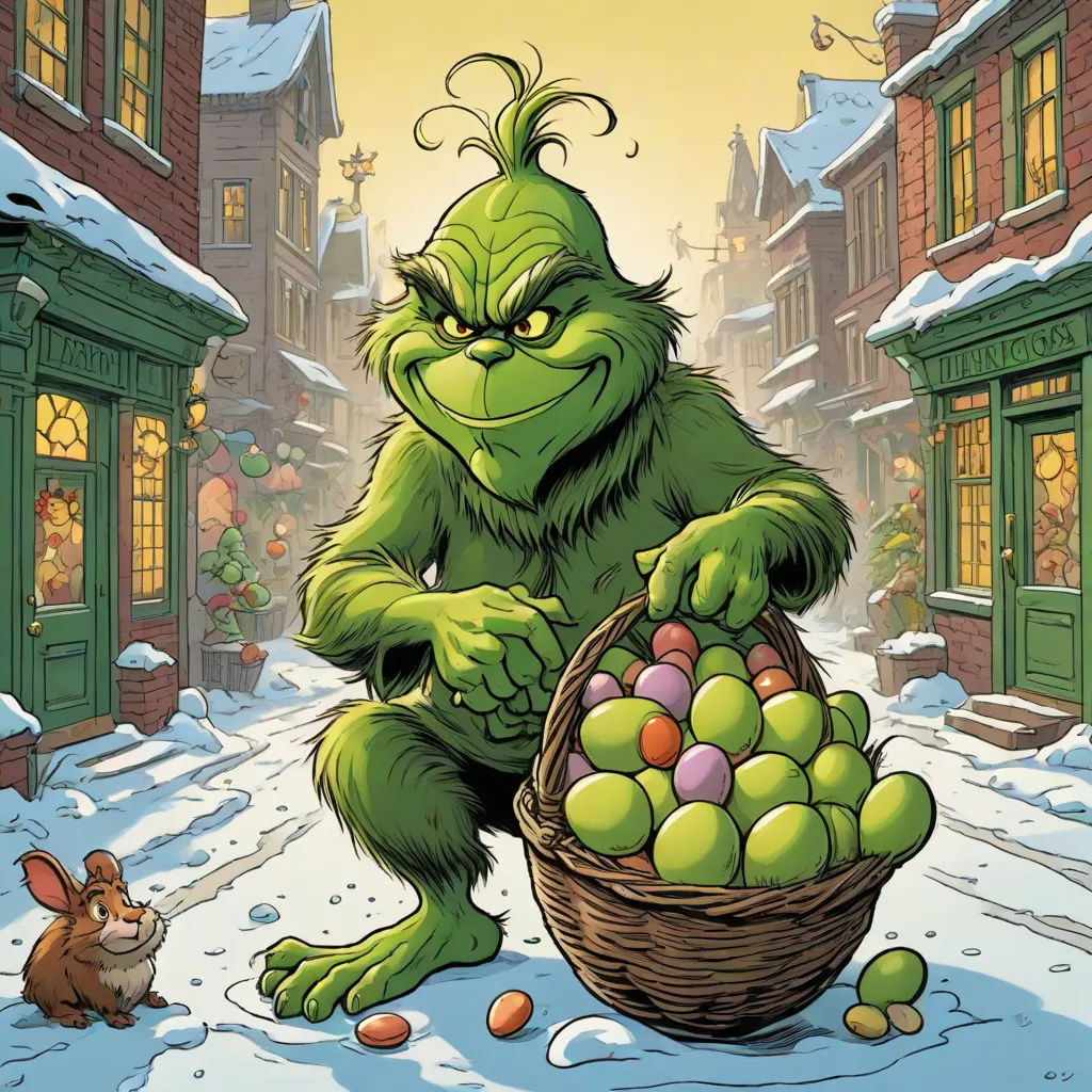a cartoon of a green monster holding a basket of eggs in the snow with a bunny nearby and a storefront with a green door, Ernest William Christmas, furry art, a digital rendering, official art