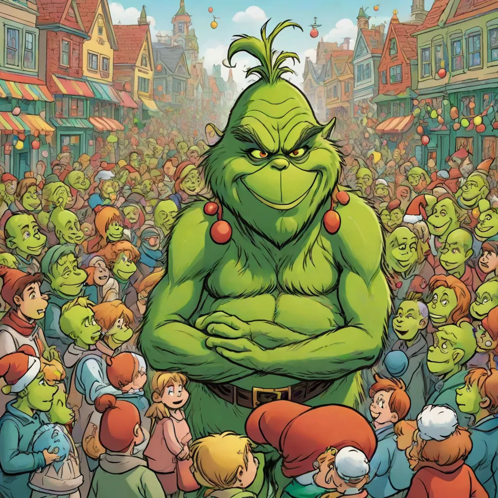 a cartoon of a green man surrounded by people in a crowd of people in a town square with buildings, Edi Rama, excessivism, a digital rendering, official art