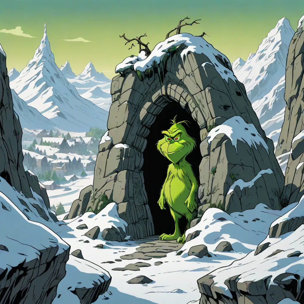 a cartoon of a green creature standing in a snowy cave with mountains in the background and a green sky, Cliff Childs, fantasy art, a comic book panel, promotional image