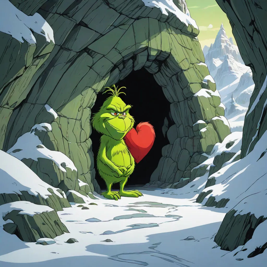 a cartoon character holding a heart in a snowy cave with mountains in the background and snow on the ground, Cliff Childs, american romanticism, a character portrait, promotional image