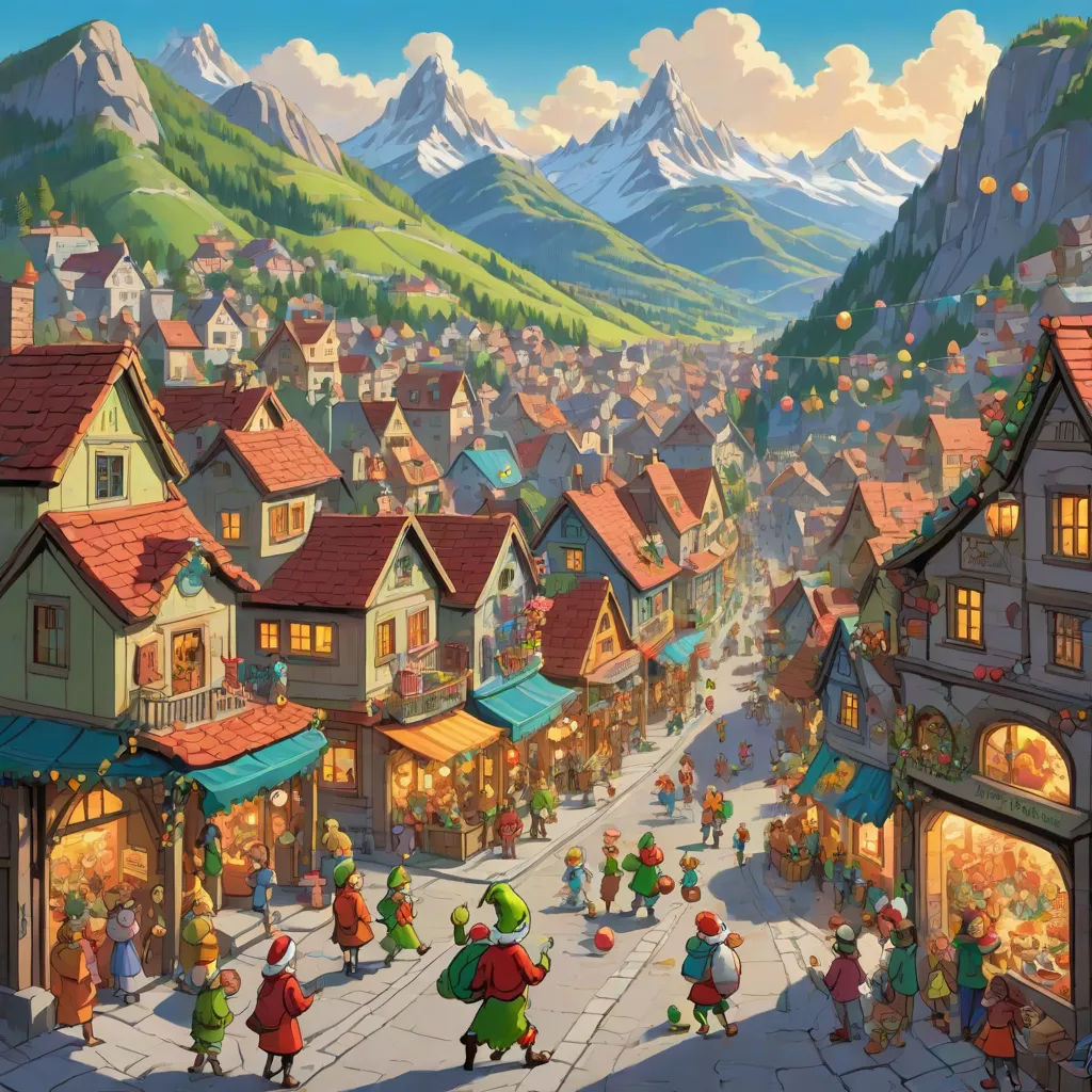 a painting of a town with a lot of people walking around it and a mountain in the background with a sky, Evgeny Lushpin, fantasy art, a detailed matte painting, official art