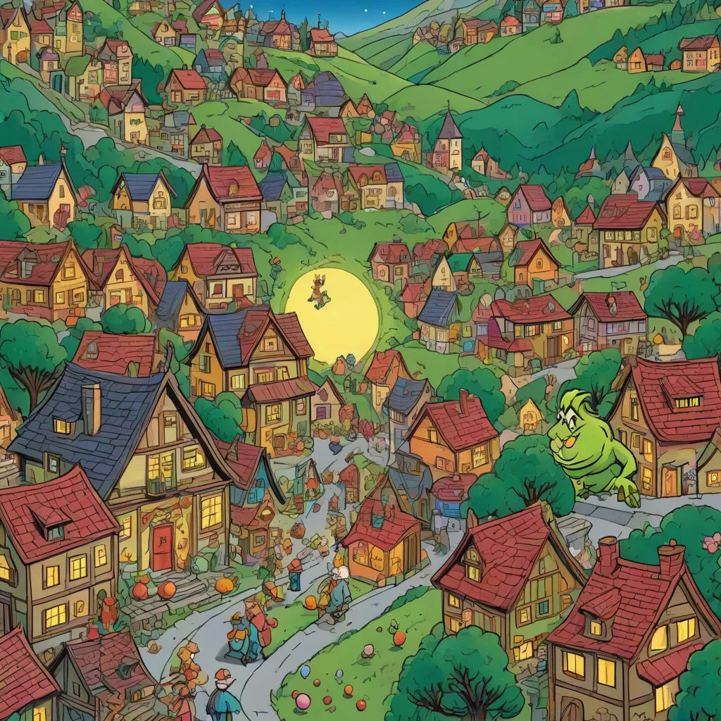a cartoon of a town with a green frog flying over it's head and a full moon in the background, Art Spiegelman, underground comix, a storybook illustration, storybook illustration