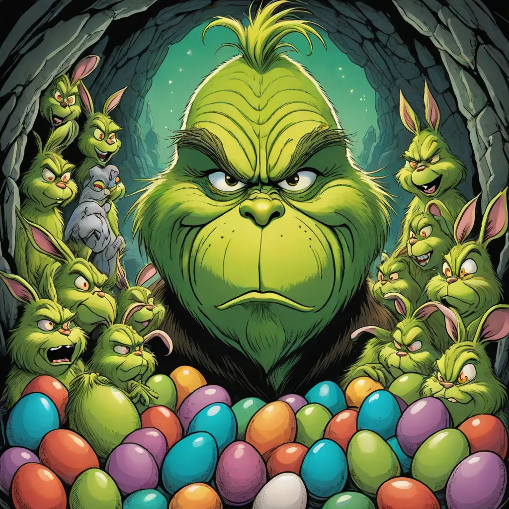 a cartoon of a bunch of green men surrounded by eggs and eggs in a cave with a green man, Alan Davis, furry art, poster art, comic cover art