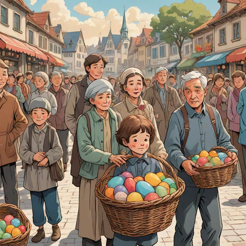 a painting of a group of people carrying baskets of eggs in a crowded street with people standing around them, Edward Sorel, magical realism, a storybook illustration, official art
