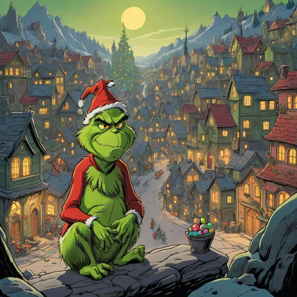 a cartoon of a griny grin sitting on a rock in front of a town with a christmas tree, Ernest William Christmas, cynical realism, concept art, promotional image