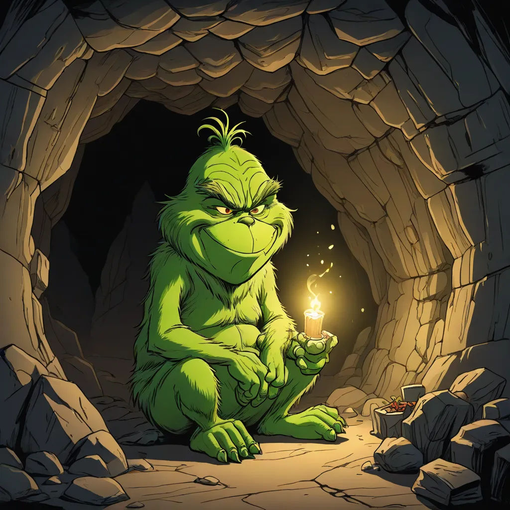 a cartoon of a troll holding a candle in a cave with rocks and a light in it's hand, Cliff Childs, digital art, concept art, official art