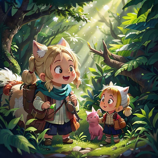 a couple of kids walking through a forest with a cat on their back and a pig on their shoulder
