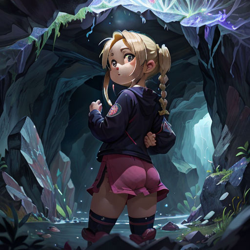 a girl in a cave with a chain around her neck and a light on her head, standing in front of a cave