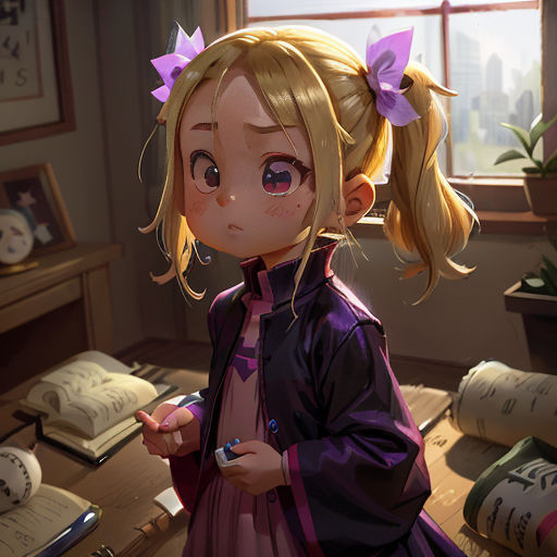 a girl with blonde hair and a purple dress is standing in a room with books and a window with a city view