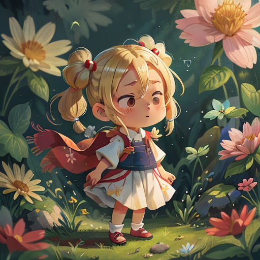 a little girl standing in a field of flowers with a red cape on her head and a red cape on her shoulder