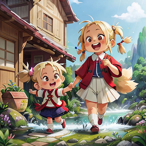 two children are walking in front of a house and a stream of water with a house in the background