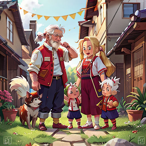 a family of three standing in front of a house with a dog and a cat on the ground next to them