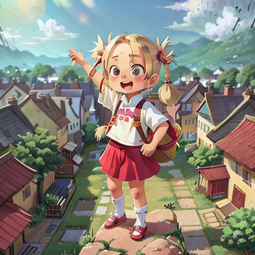 a girl standing on top of a hill with a backpack on her shoulder and a village in the background
