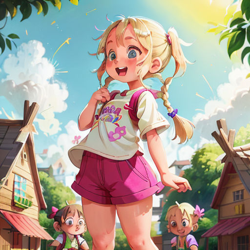 a cartoon girl standing in front of a group of children in a village with a dog and a cat
