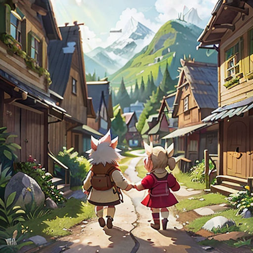 two children walking down a street in a village with mountains in the background and houses in the foreground
