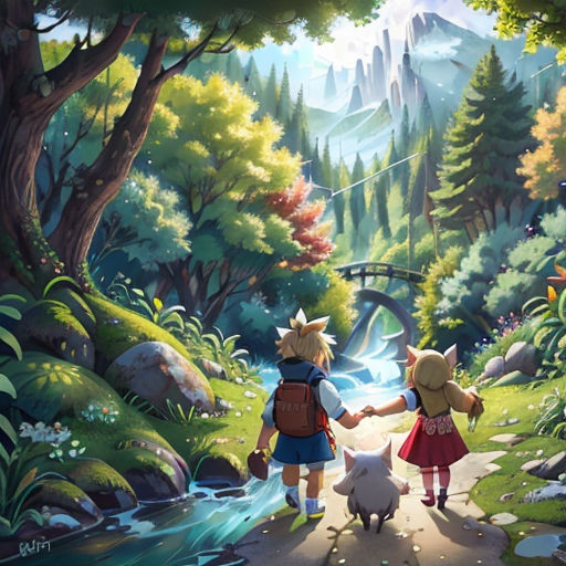 a painting of two people walking down a path with a dog and a cat on the other side of the path