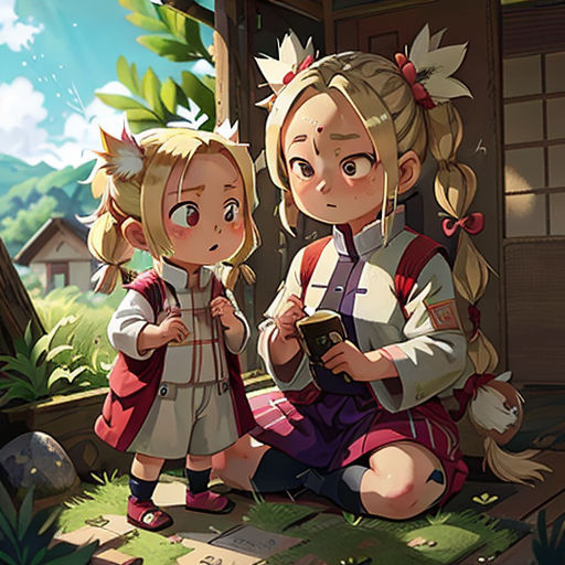 two girls sitting on the ground in front of a house with a tree and a sky background, one of them is holding a book