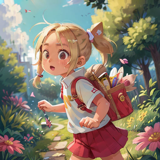 a girl with a backpack and a backpack walking through a park with flowers and butterflies on it's back