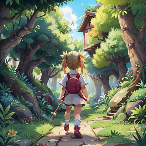 a girl walking through a forest with a backpack on her back and a backpack on her shoulder, with a red backpack on her shoulder