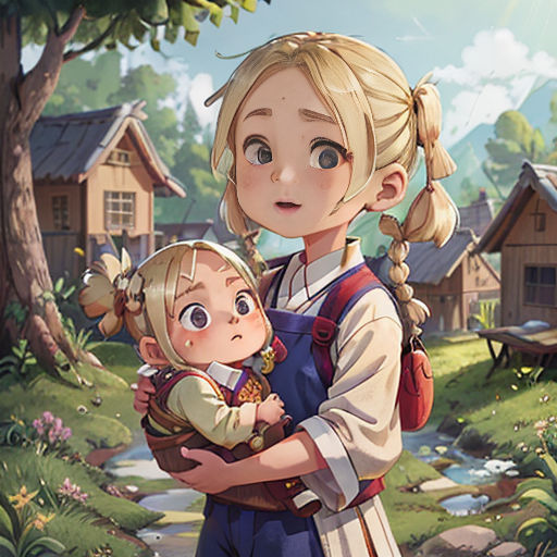 a woman holding a child in a forest with houses in the background and a stream running through the forest