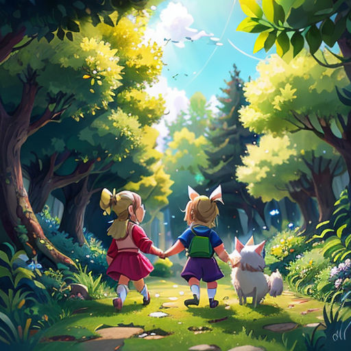 two children walking through a forest holding hands with a dog on a leash, with a cat on the other side of the path