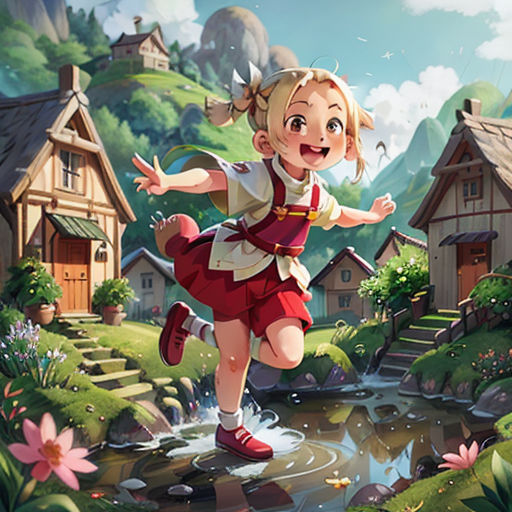 a girl is running through a village with a pond and houses in the background, and a bird flying over her