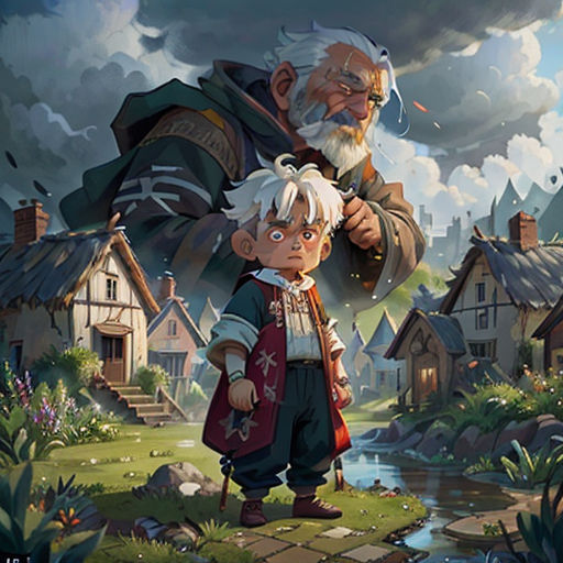 a man and a woman standing in front of a river with houses and clouds in the background, with a sky full of clouds