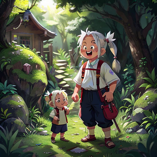 a man and a little girl walking through a forest with a house in the background and a bird on the tree