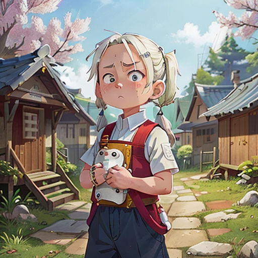 a girl holding a cat in front of a small village with cherry trees and flowers on the ground and a man in a red vest