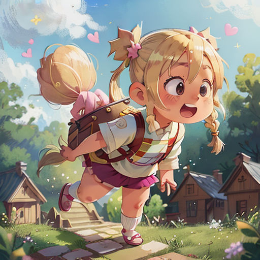 a girl with a backpack is walking through a field with a dog on her back and a house in the background