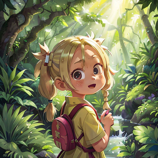 a girl with a backpack standing in the woods looking at the camera and smiling at the camera, with a stream running through the woods behind her
