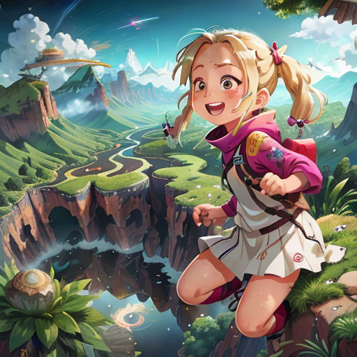 a girl running across a lush green hillside with a sky background and a waterfall in the background, with a bird flying overhead