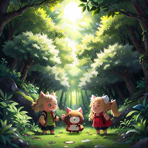 a group of children standing in the middle of a forest with a cat and fox on the ground in front of them