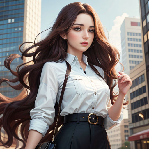 a woman with long hair and a white shirt is walking down the street with a purse in her hand