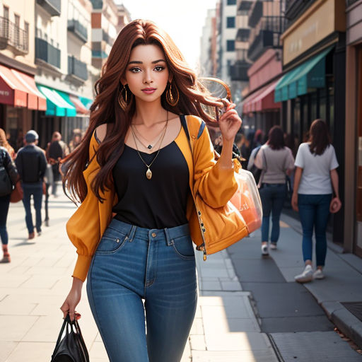 a woman walking down a street holding a handbag and a purse in her right hand and a woman in the background