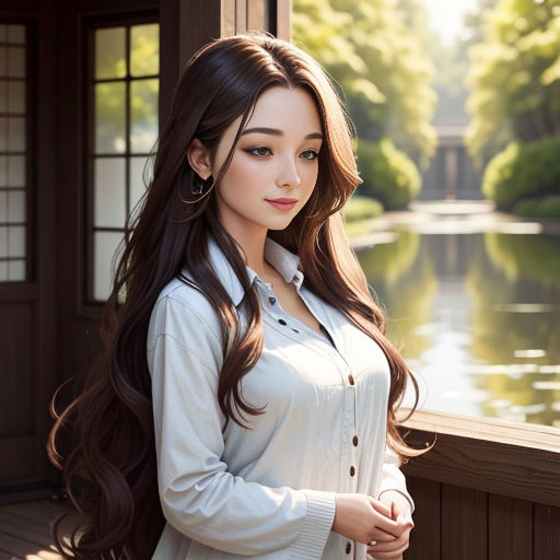 a woman with long hair standing on a deck near water and trees, wearing a white shirt and jeans