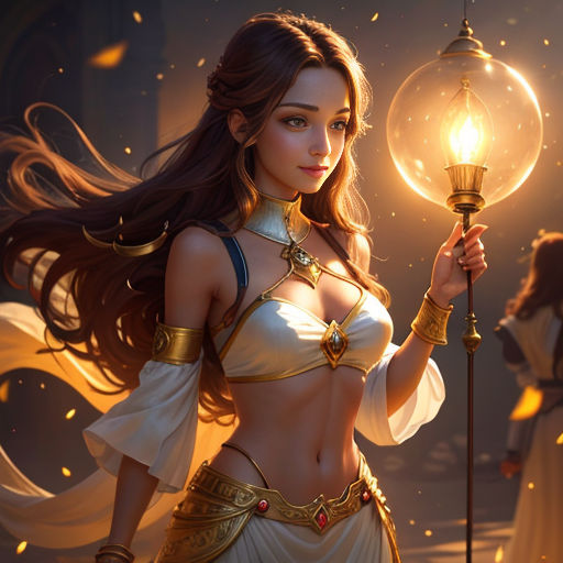a woman in a white dress holding a light bulb and a sword in her hand with a golden light