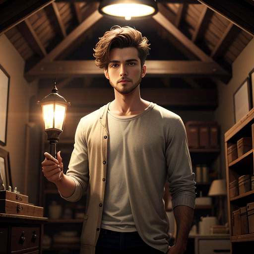 a man holding a light in a room with a bookcase and a desk in the background, and a lamp in the foreground