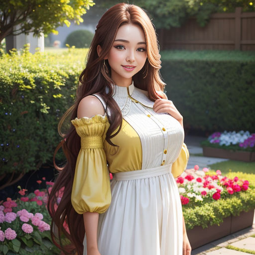 a woman in a dress posing for a picture in a garden with flowers and bushes behind her, with a long brown hair