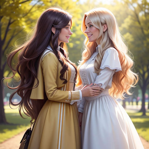 two women dressed in long hair standing next to each other in a park together, one of them is wearing a long white dress