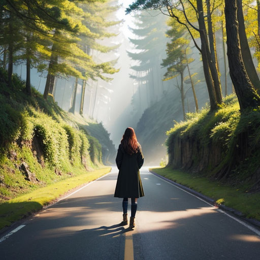 a woman standing on the side of a road in the middle of a forest with trees on both sides