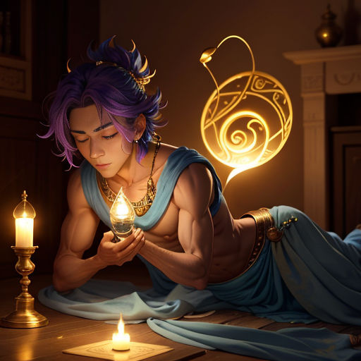 a man with purple hair laying on a table next to a candle and a lamp in a room with a fireplace