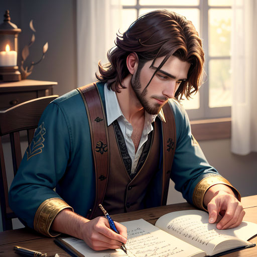 a man sitting at a table writing on a book with a pen and paper in front of him and a window