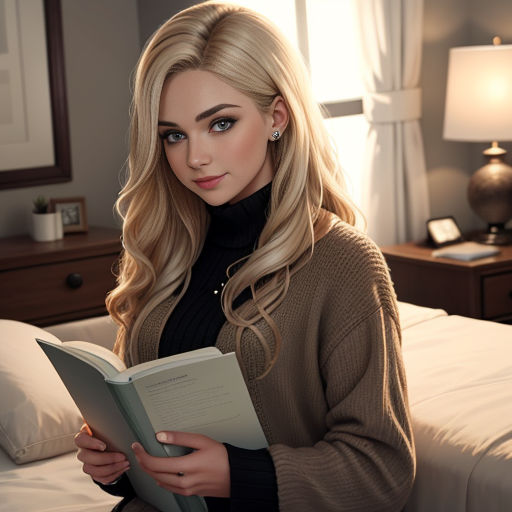 a woman sitting on a bed reading a book in a bedroom with a lamp on the side of the bed