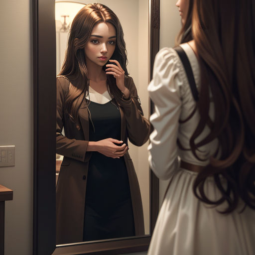 a woman is looking at her reflection in the mirror while brushing her teeth and looking at her reflection in the mirror