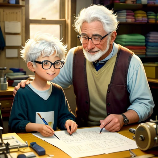 a man and a boy are sitting at a desk with a paper and pen in front of them,