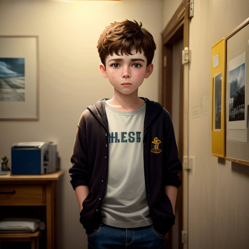 a young boy standing in a hallway next to a desk and a microwave oven in a room with a door