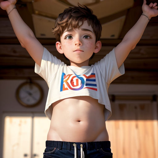 a boy with his arms up in the air with his shirt on and his shirt on and his shirt on