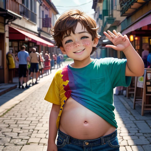 a young boy with a fake stomach and a green shirt on is waving at the camera while standing on a brick sidewalk