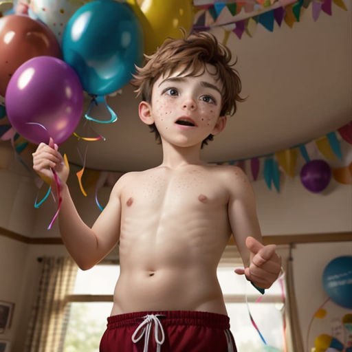 a young boy holding balloons in his hand and looking up at the camera with a surprised look on his face